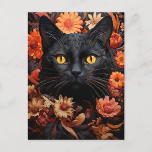 cute illustration black cat with flowers postcard
