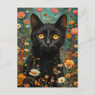 cute illustration black cat with flowers postcard