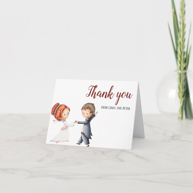 Cute Illustration Bride and Groom Dancing Wedding  Thank You Card (Front)