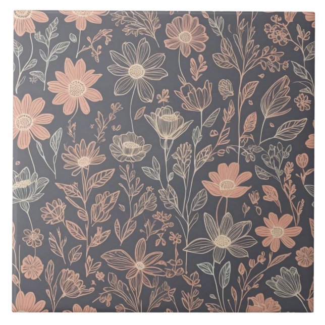 Cute illustration graphic line drawn flowers tile (Front)