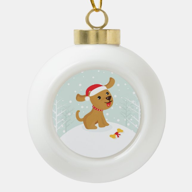 Cute Illustration Of a Puppy In The Snow Ceramic Ball Christmas Ornament (Front)
