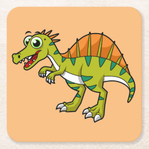 Cute Illustration Of A Smiling Spinosaurus. Square Paper Coaster