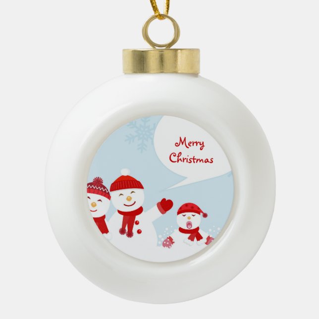 Cute Illustration Of a Snowman With Snowflakes Ceramic Ball Christmas Ornament (Front)