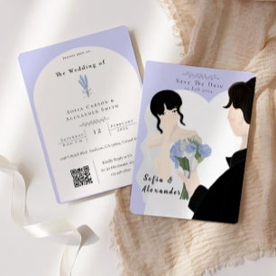 Cute Illustration With QR Code RSVP Wedding Invitation