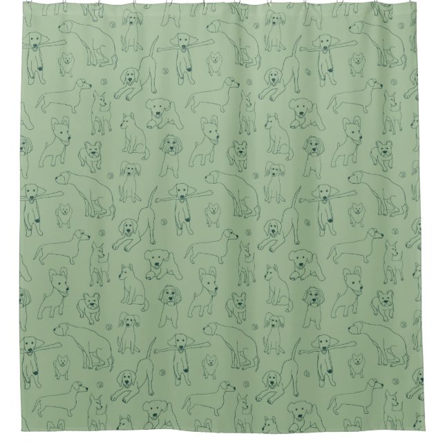 Cute Illustrations of Dogs Green Line Art Shower Curtain (Front)