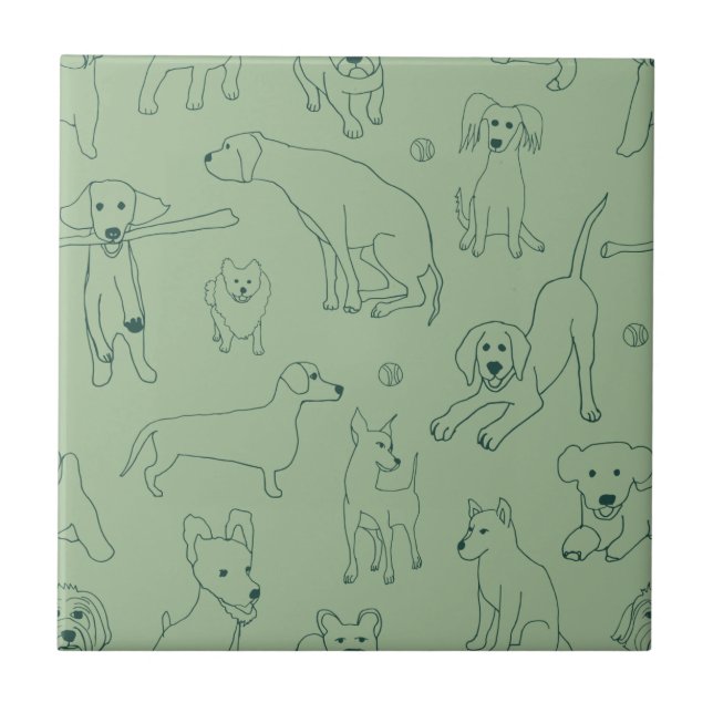 Cute Illustrations of Dogs Green Line Art Tile (Front)