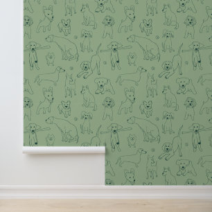 Cute Illustrations of Dogs Green Line Art Wallpaper