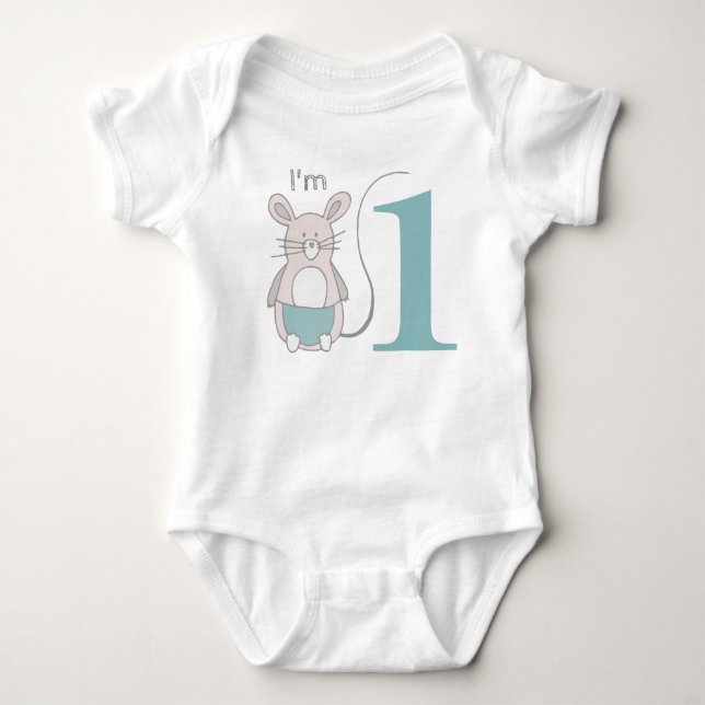 Cute "I'm 1" Funny Mouse Blue Baby Bodysuit (Front)