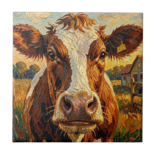 Cute Impasto Cow on Farm   Tile