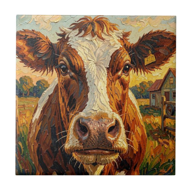Cute Impasto Cow on Farm   Tile (Front)