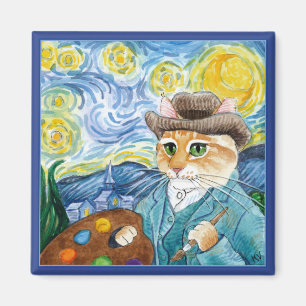 Cute impressionist cat, Van Gogh, Starry Night Magnet