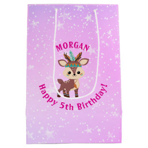 Cute Indian Deer, Name & Any Age Birthday, Stars Medium Gift Bag