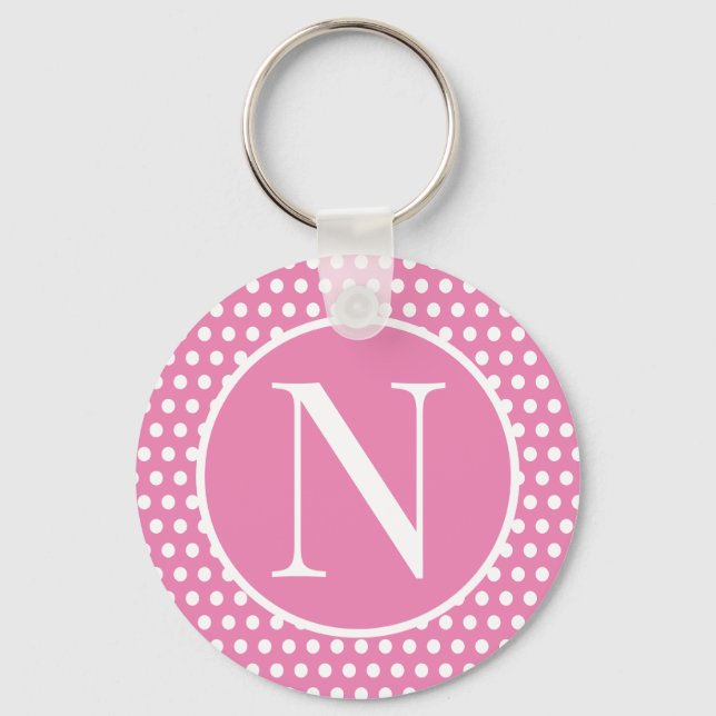 Cute initial letter Pink Polka Dots Key Ring (Front)