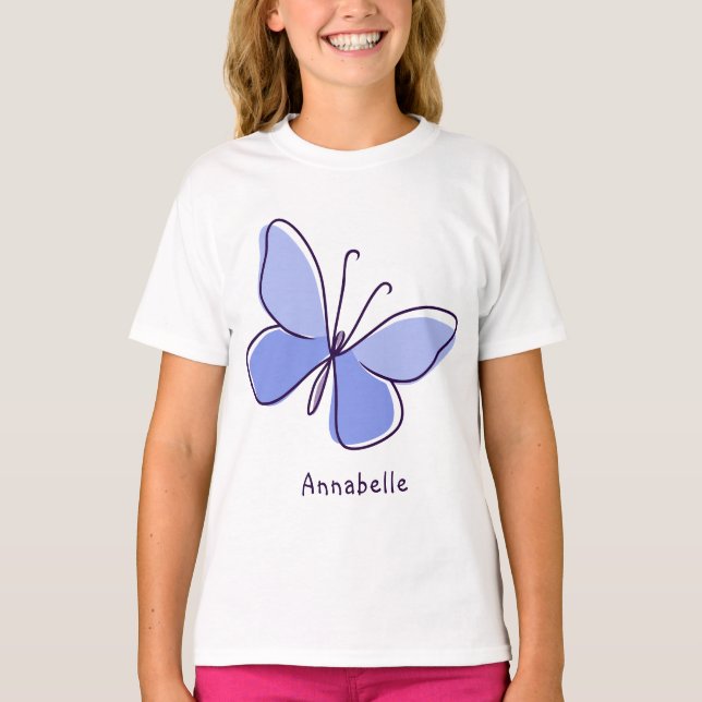 Cute Insect Butterfly in Blue Violet and Name T-Shirt (Front)