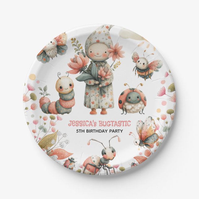 Cute Insects Bug-Themed Watercolor Kids Birthday Paper Plate (Front)