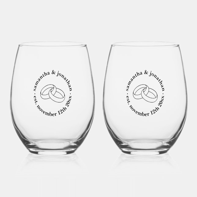 Cute Intertwined Wedding Rings - Custom Wedding Stemless Wine Glass (Front)