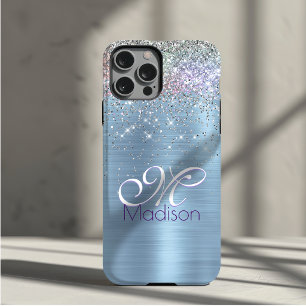 Cute iridescen ice blue faux glitter monogram