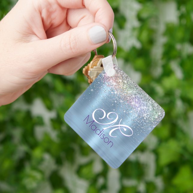 Cute iridescen ice blue faux glitter monogram key ring (Hand)