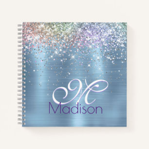 Cute iridescen ice blue faux glitter monogram notebook