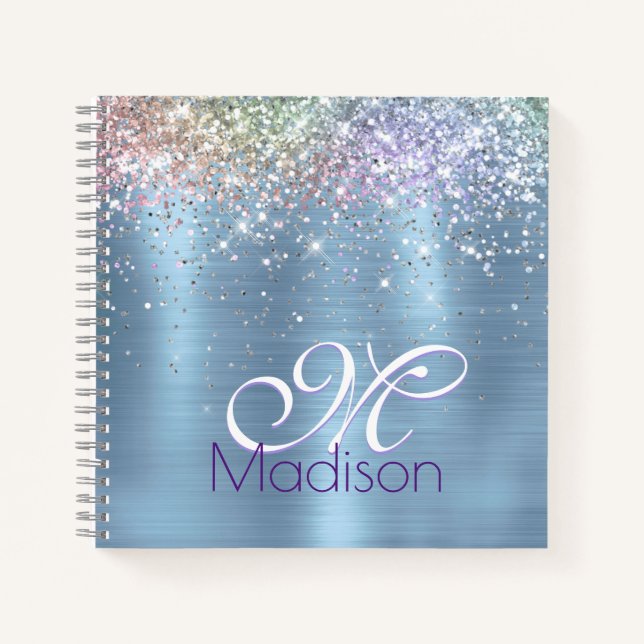 Cute iridescen ice blue faux glitter monogram notebook (Front)
