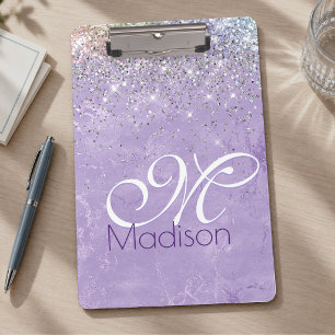 Cute iridescen lilac purple faux glitter monogram clipboard