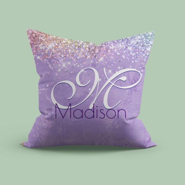Cute iridescen lilac purple faux glitter monogram cushion (Creator Uploaded)