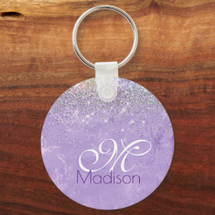 Cute iridescen lilac purple faux glitter monogram key ring