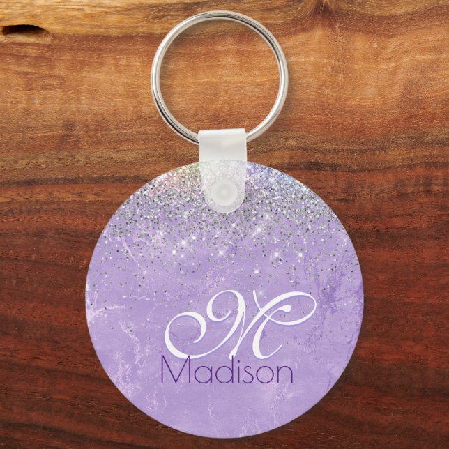 Cute iridescen lilac purple faux glitter monogram key ring (Front)