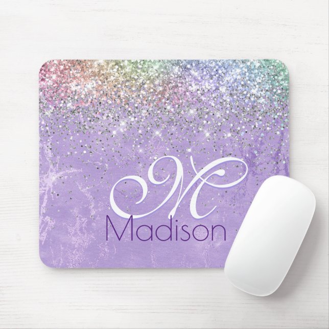 Cute iridescen lilac purple faux glitter monogram mouse mat (With Mouse)