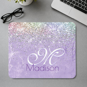 Cute iridescen lilac purple faux glitter monogram mouse mat