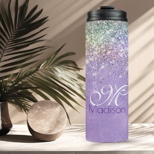Cute iridescen lilac purple faux glitter monogram thermal tumbler