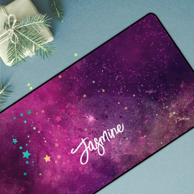 Cute iridescen pink space galaxy monogram desk mat (Creator Uploaded)