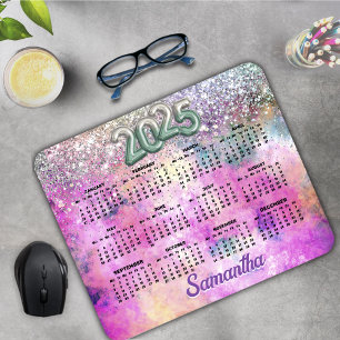 Cute iridescen silver faux glitter monogram 2025 mouse mat