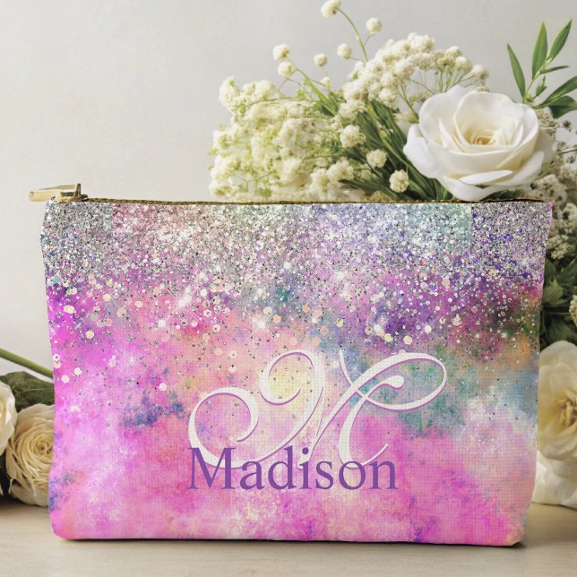 Cute iridescen silver faux glitter monogram  accessory pouch (Creator Uploaded)