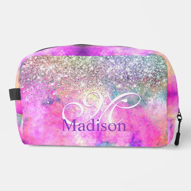 Cute iridescen silver faux glitter monogram  dopp kit (Front)