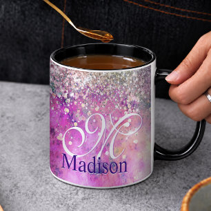 Cute iridescen silver faux glitter monogram notebo mug