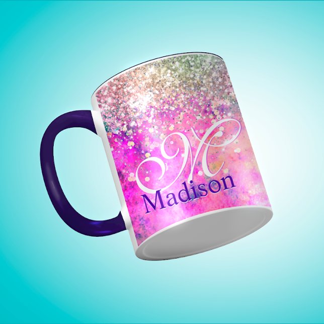 Cute iridescen silver faux glitter monogram notebo mug (Creator Uploaded)
