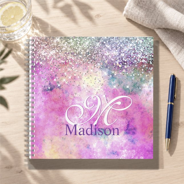 Cute iridescen silver faux glitter monogram notebo notebook (Creator Uploaded)