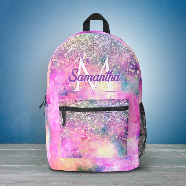 Cute iridescen silver faux glitter monogram printed backpack (Creator Uploaded)