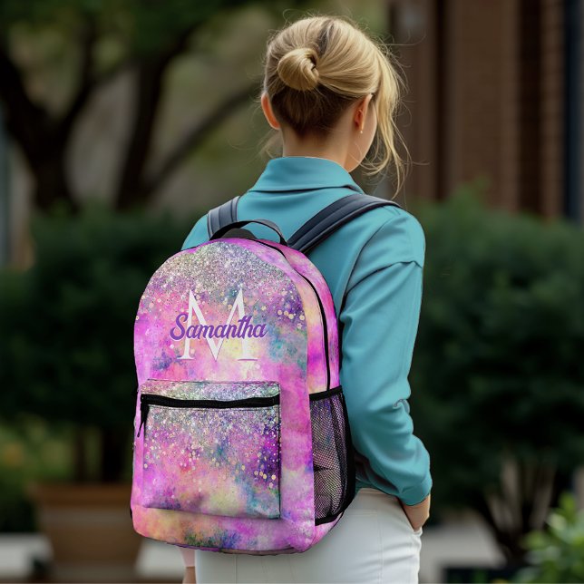 Cute iridescen silver faux glitter monogram printed backpack (Creator Uploaded)