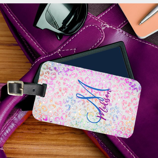Cute iridescent Animal print glitter monogram Luggage Tag (Creator Uploaded)