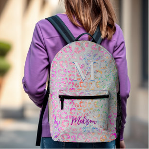 Cute iridescent Animal print glitter monogram Printed Backpack