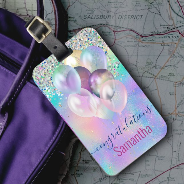 Cute iridescent blue glitter ballons monogram luggage tag (Creator Uploaded)