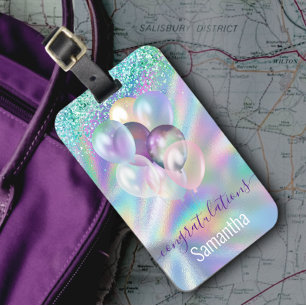 Cute iridescent blue glitter ballons monogram  luggage tag
