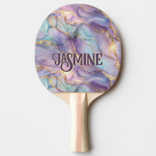 Cute Iridescent Blue Purple Gold Marble Monogram Ping Pong Paddle