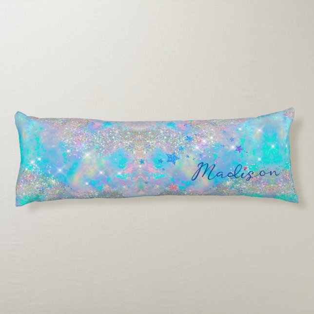 Cute iridescent blue stars glitter monogram body cushion (Back)