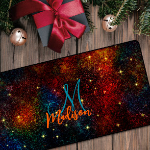 Cute iridescent colorful faux glitter monogram desk mat