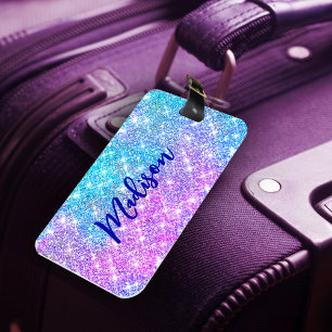 Cute iridescent colourful faux glitter monogram lu luggage tag