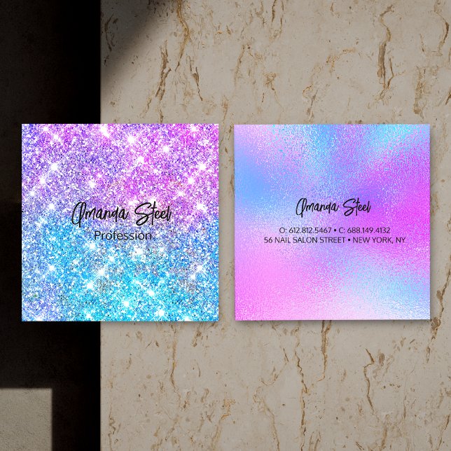 Cute iridescent colourful faux glitter monogram lu square business card (Creator Uploaded)