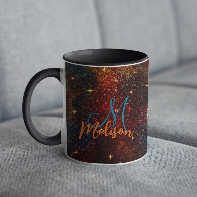 Cute iridescent colourful faux glitter monogram mug (Creator Uploaded)